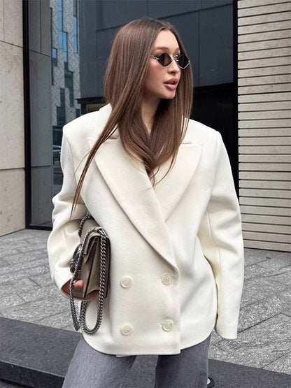 Cream Notched Lapel Women's Blazer - Oversized Single Breasted Jacket - Quiet Minimalist Street Casual Spring Outfit 2026