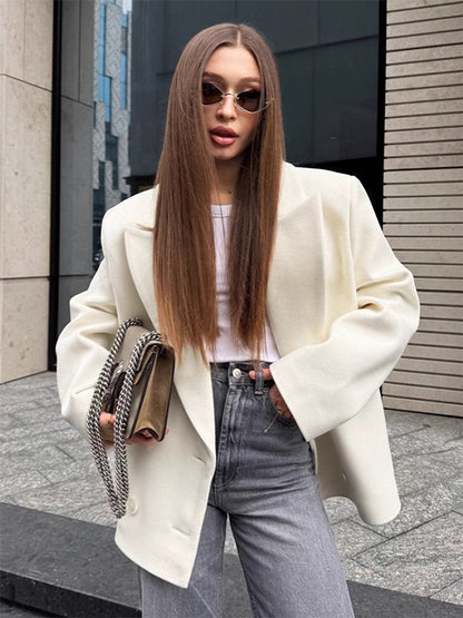 Cream Notched Lapel Women's Blazer - Oversized Single Breasted Jacket - Quiet Minimalist Street Casual Spring Outfit 2026