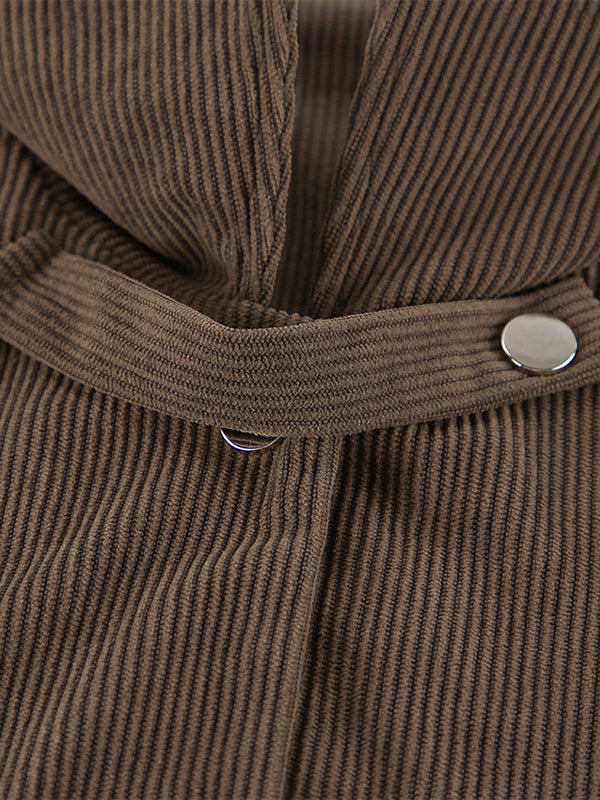Brown Corduroy Women's Cropped Jacket - Oversized Utility Top - Maillard Style Streetwear Casual Daily Outfits 2026