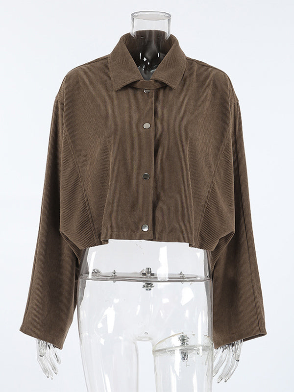 Brown Corduroy Women's Cropped Jacket - Oversized Utility Top - Maillard Style Streetwear Casual Daily Outfits 2026