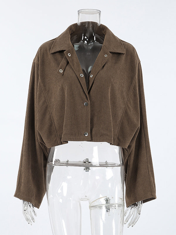 Brown Corduroy Women's Cropped Jacket - Oversized Utility Top - Maillard Style Streetwear Casual Daily Outfits 2026
