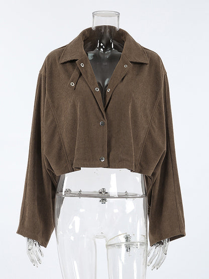 Brown Corduroy Women's Cropped Jacket - Oversized Utility Top - Maillard Style Streetwear Casual Daily Outfits 2026