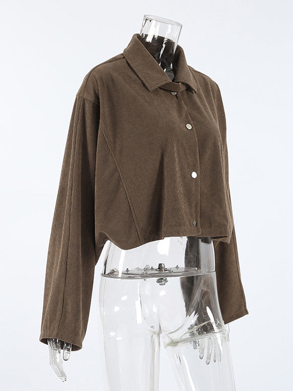 Brown Corduroy Women's Cropped Jacket - Oversized Utility Top - Maillard Style Streetwear Casual Daily Outfits 2026