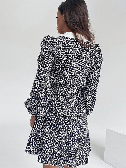 Vintage Ditsy Floral Women's Tea Dress - Puff Sleeve Belted Mini Dress - Pointed Collar Romantic Date Night Outfits 2026