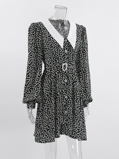 Vintage Ditsy Floral Women's Tea Dress - Puff Sleeve Belted Mini Dress - Pointed Collar Romantic Date Night Outfits 2026