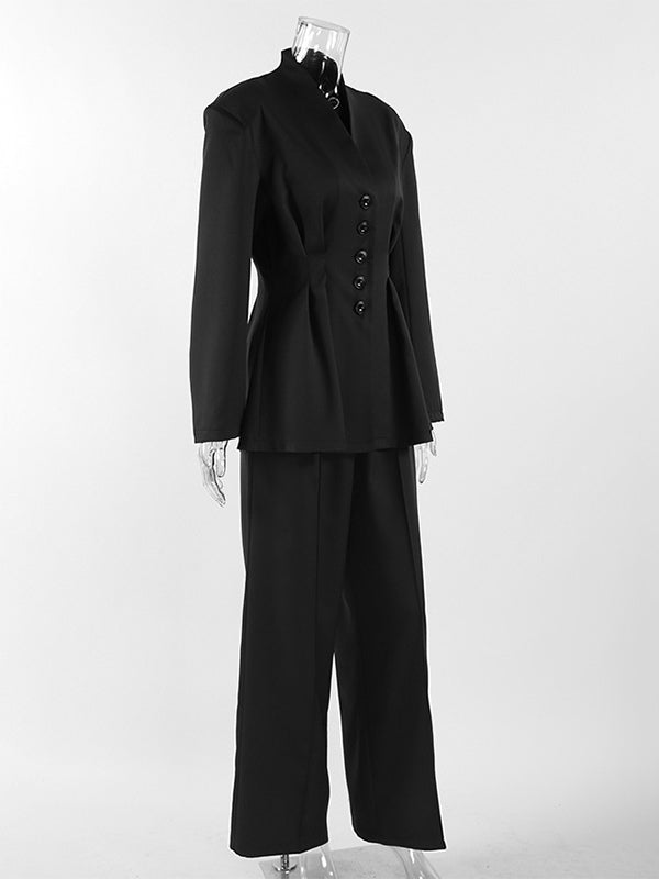 Hourglass Blazer Set For Office Lady - Black Modern Pleated Cinched Waist Tailoring - 2026 Spring Workwear Suit