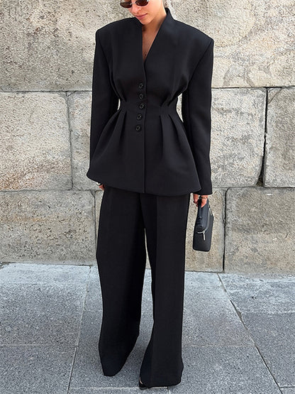 Hourglass Blazer Set For Office Lady - Black Modern Pleated Cinched Waist Tailoring - 2026 Spring Workwear Suit