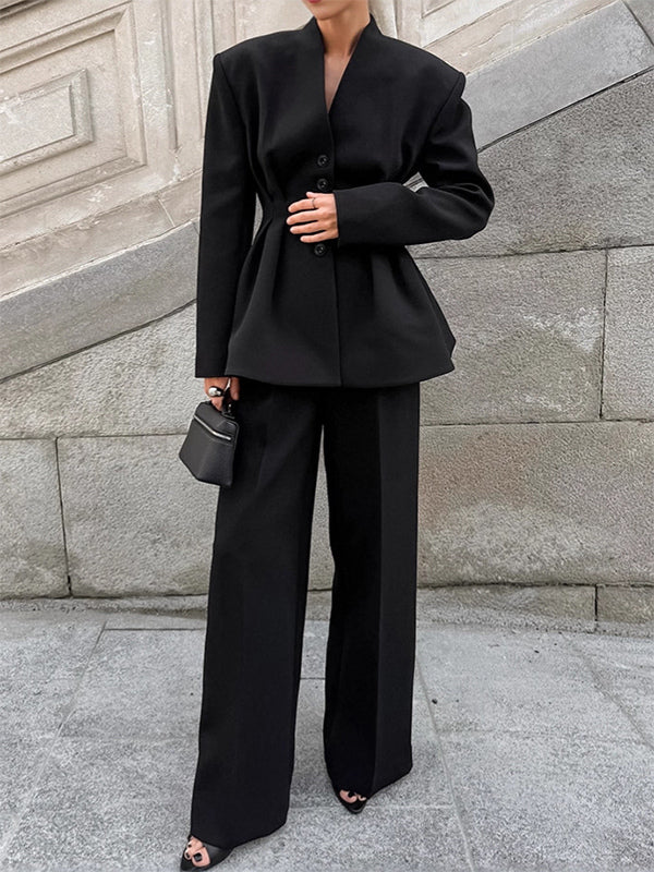 Hourglass Blazer Set For Office Lady - Black Modern Pleated Cinched Waist Tailoring - 2026 Spring Workwear Suit