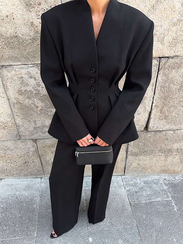 Hourglass Blazer Set For Office Lady - Black Modern Pleated Cinched Waist Tailoring - 2026 Spring Workwear Suit