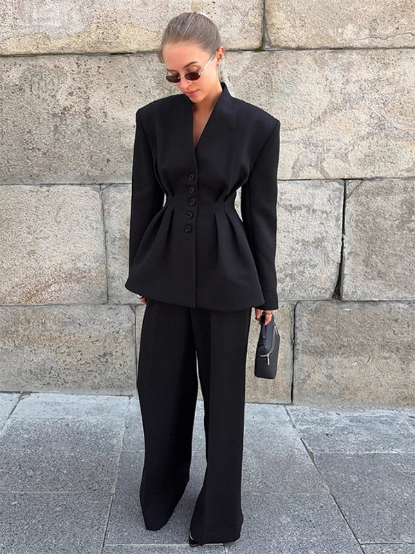 Hourglass Blazer Set For Office Lady - Black Modern Pleated Cinched Waist Tailoring - 2026 Spring Workwear Suit