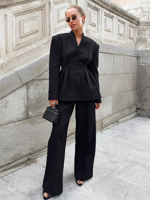 Hourglass Blazer Set For Office Lady - Black Modern Pleated Cinched Waist Tailoring - 2026 Spring Workwear Suit