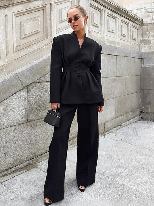 Hourglass Blazer Set For Office Lady - Black Modern Pleated Cinched Waist Tailoring - 2026 Spring Workwear Suit