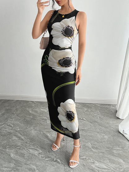 Floral Print Women Maxi Dress - Elegant Ruched Bodycon - 90s Vintage Aesthetic Summer Daily Wear 2026