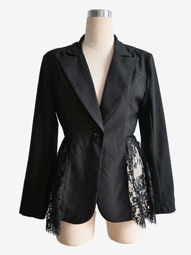 Lace Patchwork Women's Blazer Jacket - Sexy Sheer Hem Slim Fit - Spring Night Out Party Outerwear 2026