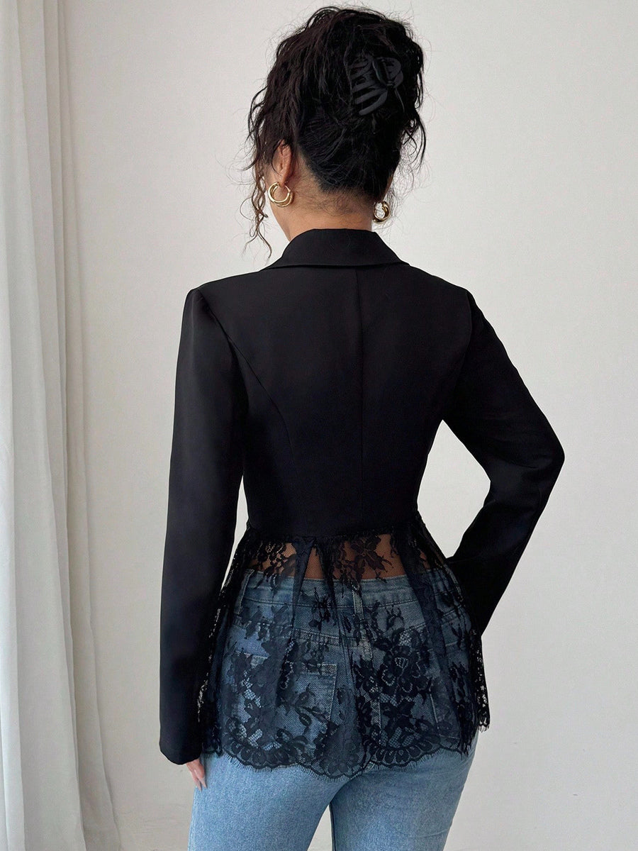 Lace Patchwork Women's Blazer Jacket - Sexy Sheer Hem Slim Fit - Spring Night Out Party Outerwear 2026