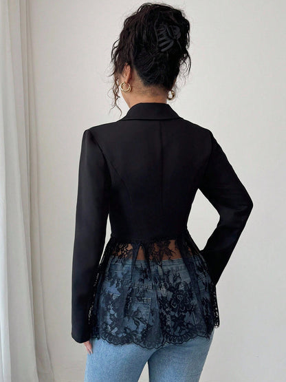 Lace Patchwork Women's Blazer Jacket - Sexy Sheer Hem Slim Fit - Spring Night Out Party Outerwear 2026