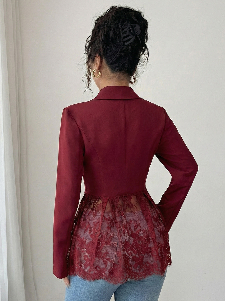 Lace Patchwork Women's Blazer Jacket - Sexy Sheer Hem Slim Fit - Spring Night Out Party Outerwear 2026