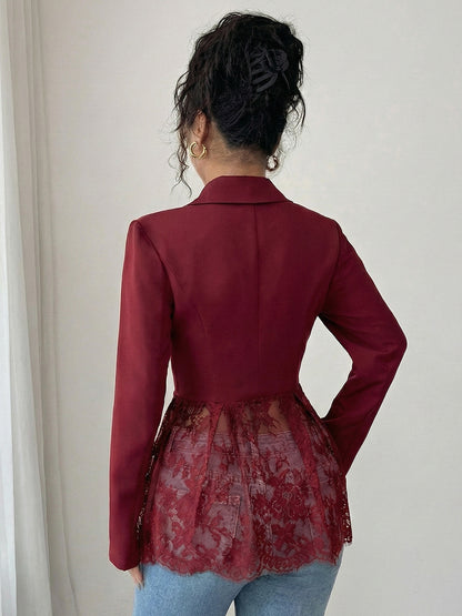 Lace Patchwork Women's Blazer Jacket - Sexy Sheer Hem Slim Fit - Spring Night Out Party Outerwear 2026