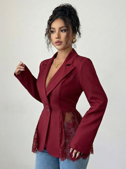 Lace Patchwork Women's Blazer Jacket - Sexy Sheer Hem Slim Fit - Spring Night Out Party Outerwear 2026