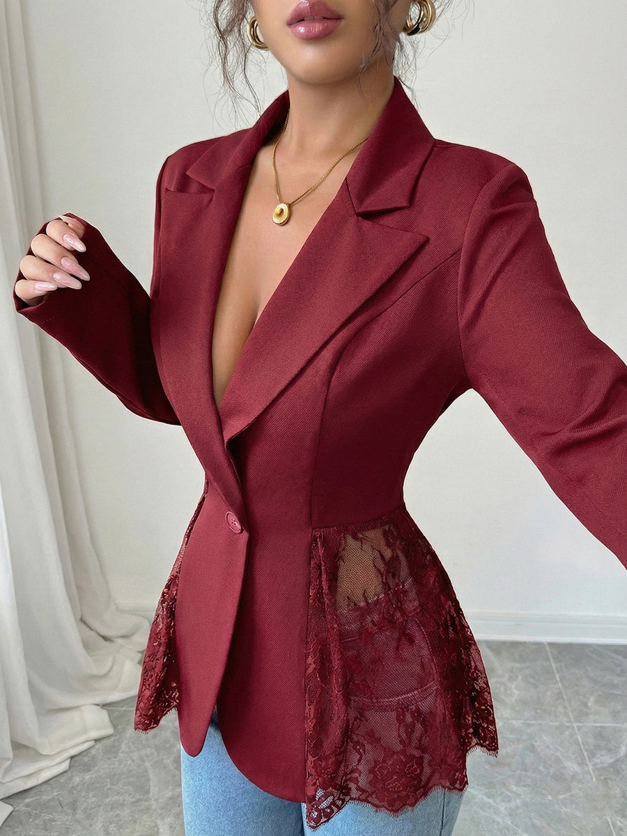 Lace Patchwork Women's Blazer Jacket - Sexy Sheer Hem Slim Fit - Spring Night Out Party Outerwear 2026