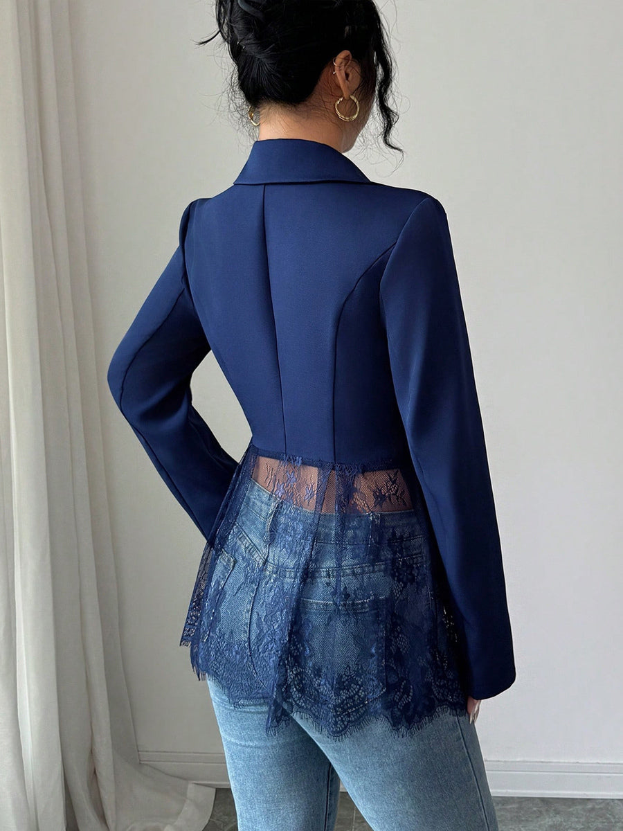 Lace Patchwork Women's Blazer Jacket - Sexy Sheer Hem Slim Fit - Spring Night Out Party Outerwear 2026