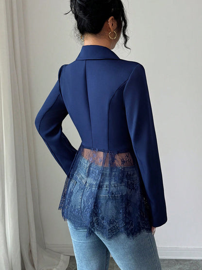 Lace Patchwork Women's Blazer Jacket - Sexy Sheer Hem Slim Fit - Spring Night Out Party Outerwear 2026