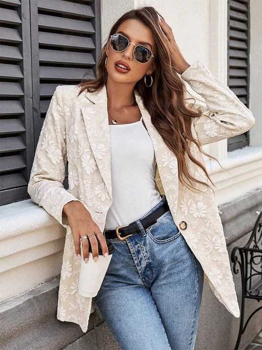 Floral Jacquard Women's Blazer - Elegant 3D Embossed Flower Single Button Regular Fit Jacket - Vintage Chic Spring Wedding Outerwear 2026
