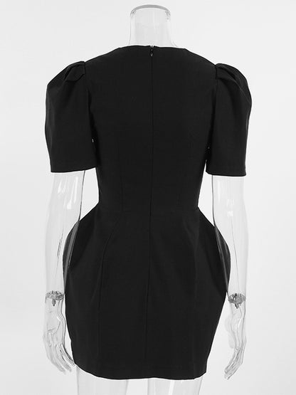 Black V-Neck Women Mini Dress - Elegant Puff Sleeve Hourglass - Elegant Date Night Outfit 2026