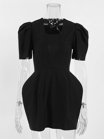 Black V-Neck Women Mini Dress - Elegant Puff Sleeve Hourglass - Elegant Date Night Outfit 2026