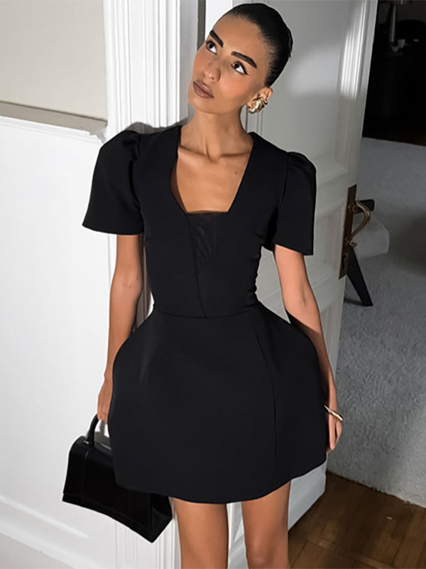 Black V-Neck Women Mini Dress - Elegant Puff Sleeve Hourglass - Elegant Date Night Outfit 2026