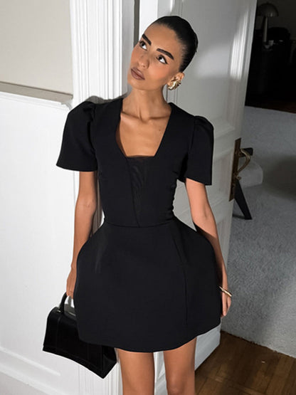 Black V-Neck Women Mini Dress - Elegant Puff Sleeve Hourglass - Elegant Date Night Outfit 2026