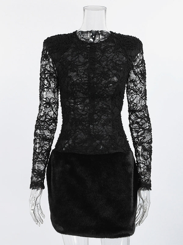 Black Lace Faux Fur Women Mini Dress - Sexy Long Sleeve Sheer Top - Goth Aesthetic Spring Night Out Cocktail Party 2026