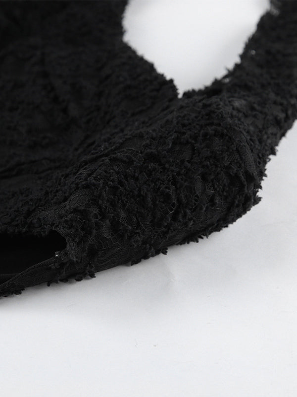 Black Lace Faux Fur Women Mini Dress - Sexy Long Sleeve Sheer Top - Goth Aesthetic Spring Night Out Cocktail Party 2026