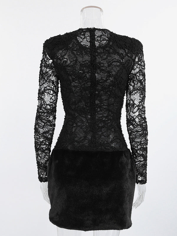 Black Lace Faux Fur Women Mini Dress - Sexy Long Sleeve Sheer Top - Goth Aesthetic Spring Night Out Cocktail Party 2026
