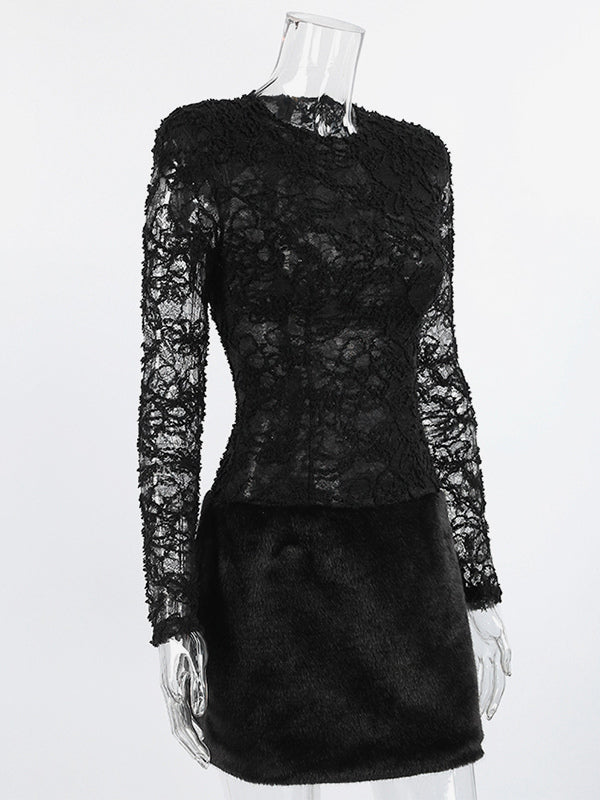 Black Lace Faux Fur Women Mini Dress - Sexy Long Sleeve Sheer Top - Goth Aesthetic Spring Night Out Cocktail Party 2026