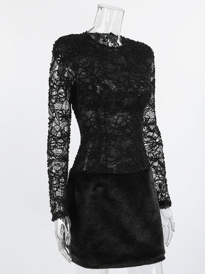 Black Lace Faux Fur Women Mini Dress - Sexy Long Sleeve Sheer Top - Goth Aesthetic Spring Night Out Cocktail Party 2026