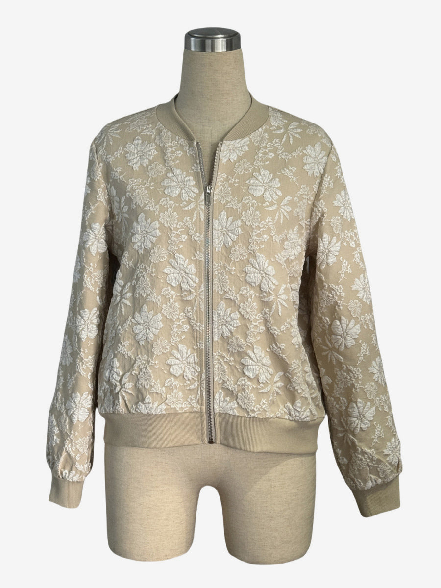 Floral Jacquard Women's Bomber Jacket - Elegant 3D Embossed Flower Zip Up Slim Fit - Chic Spring Streetwear 2026