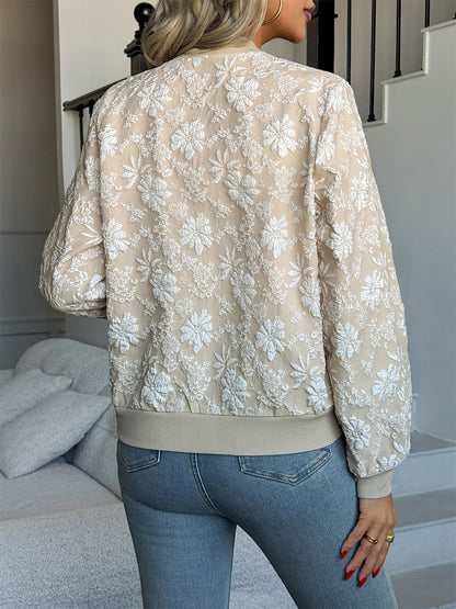 Floral Jacquard Women's Bomber Jacket - Elegant 3D Embossed Flower Zip Up Slim Fit - Chic Spring Streetwear 2026