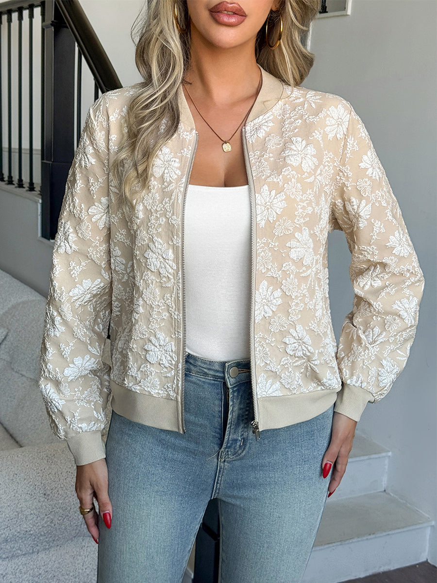 Floral Jacquard Women's Bomber Jacket - Elegant 3D Embossed Flower Zip Up Slim Fit - Chic Spring Streetwear 2026