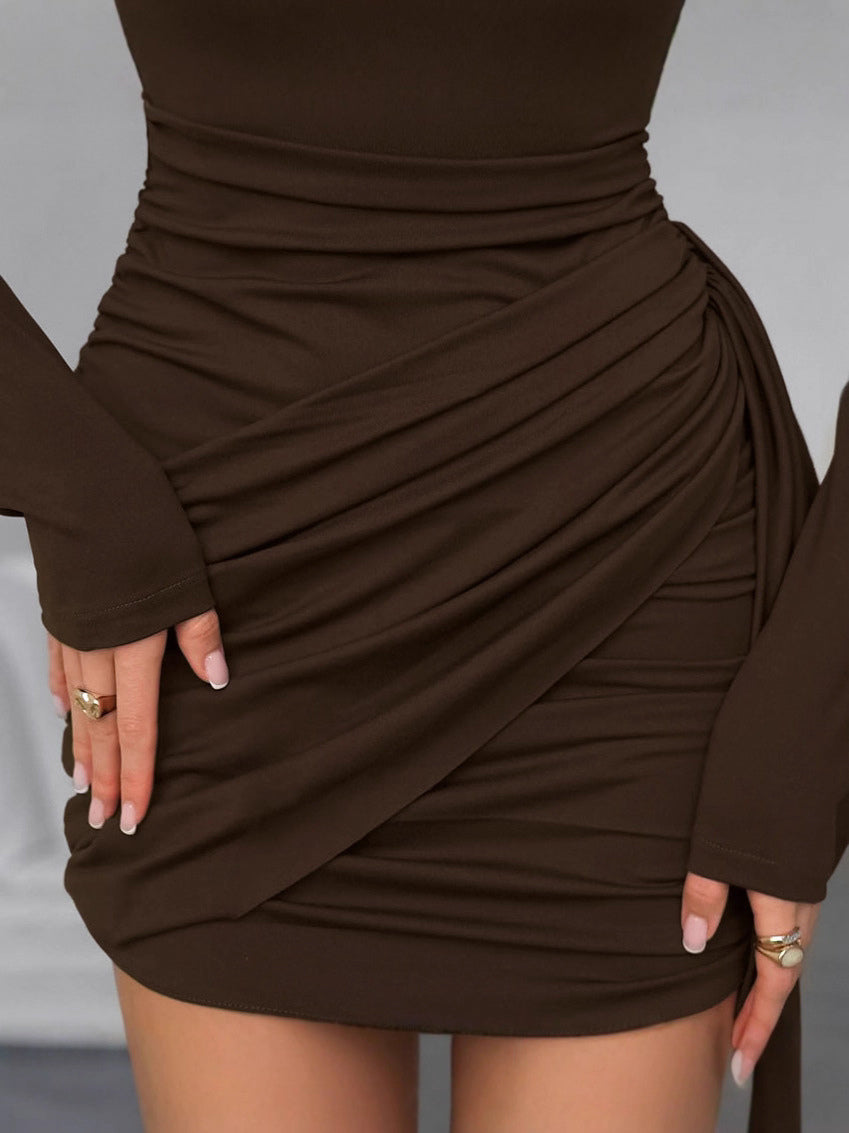 Chic Women's Coffee Bodycon Dress - Sexy Ruched Design Long Sleeve Mini Cut - Minimalist Spring Clubwear 2026