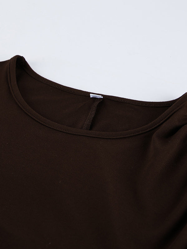 Chic Women's Coffee Bodycon Dress - Sexy Ruched Design Long Sleeve Mini Cut - Minimalist Spring Clubwear 2026