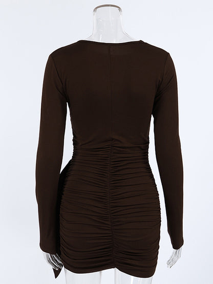 Chic Women's Coffee Bodycon Dress - Sexy Ruched Design Long Sleeve Mini Cut - Minimalist Spring Clubwear 2026