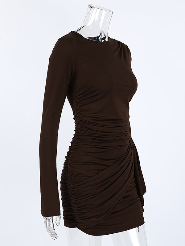 Chic Women's Coffee Bodycon Dress - Sexy Ruched Design Long Sleeve Mini Cut - Minimalist Spring Clubwear 2026