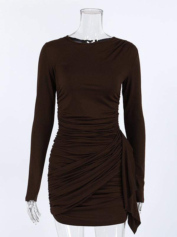 Chic Women's Coffee Bodycon Dress - Sexy Ruched Design Long Sleeve Mini Cut - Minimalist Spring Clubwear 2026