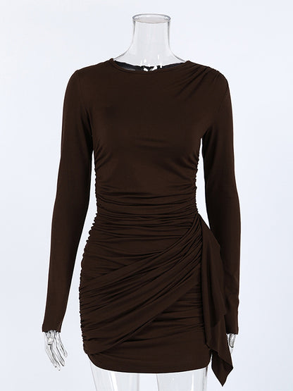 Chic Women's Coffee Bodycon Dress - Sexy Ruched Design Long Sleeve Mini Cut - Minimalist Spring Clubwear 2026