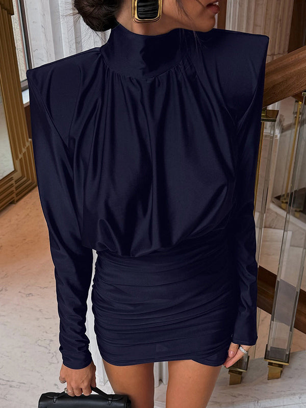 Padded Shoulder Women's Ruched Bodycon Dress - Classy Mock Neck Satin Mini Dress - Quiet Luxury Spring Cocktails Outfit 2026
