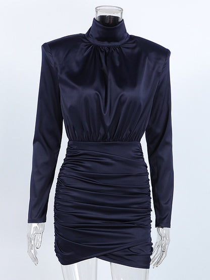Padded Shoulder Women's Ruched Bodycon Dress - Classy Mock Neck Satin Mini Dress - Quiet Luxury Spring Cocktails Outfit 2026