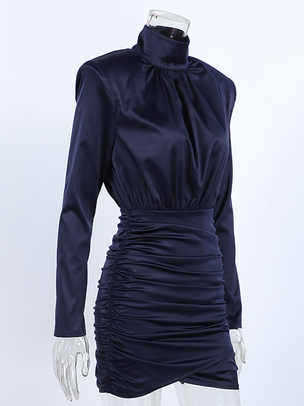 Padded Shoulder Women's Ruched Bodycon Dress - Classy Mock Neck Satin Mini Dress - Quiet Luxury Spring Cocktails Outfit 2026