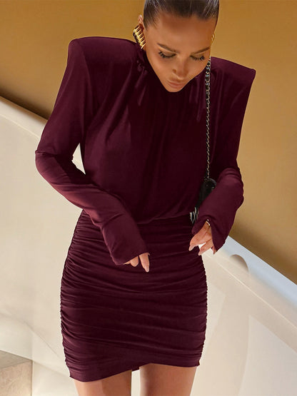 Padded Shoulder Women's Ruched Bodycon Dress - Classy Mock Neck Satin Mini Dress - Quiet Luxury Spring Cocktails Outfit 2026