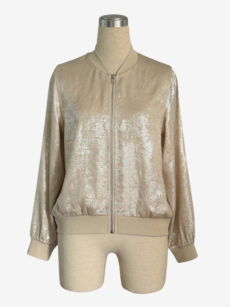 Champagne Gold Women's Bomber Jacket - Zip Up Ribbed Trim Slim Fit - Metallic Spring Party Outerwear 2026